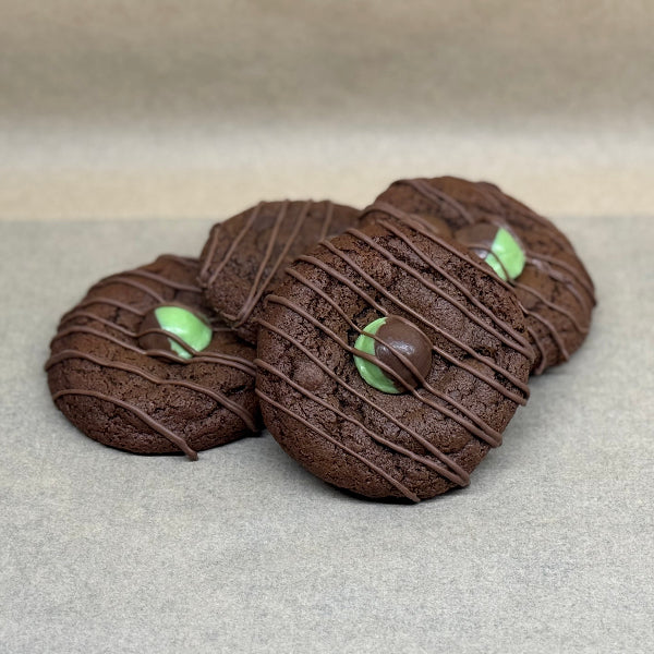 Mint chocolate chip gooey cookie with Aero mint bubble and milk chocolate drizzle on top.