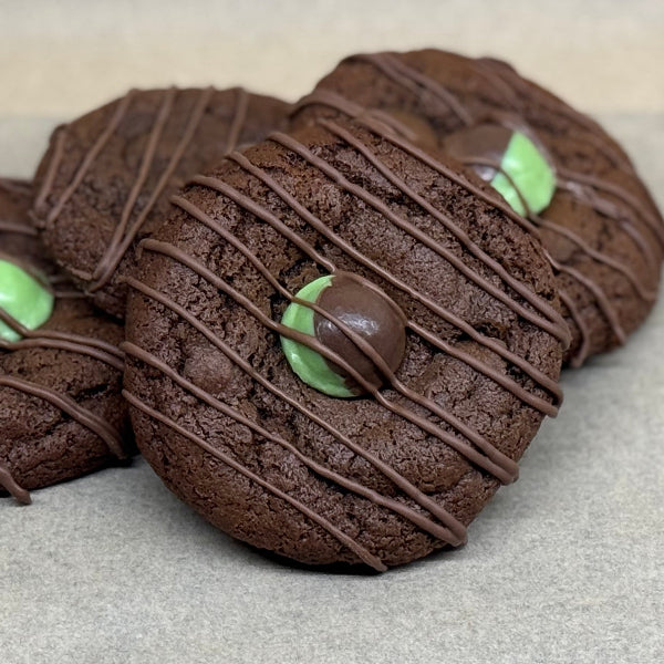 Mint chocolate chip gooey cookie with Aero mint bubble and milk chocolate drizzle on top.